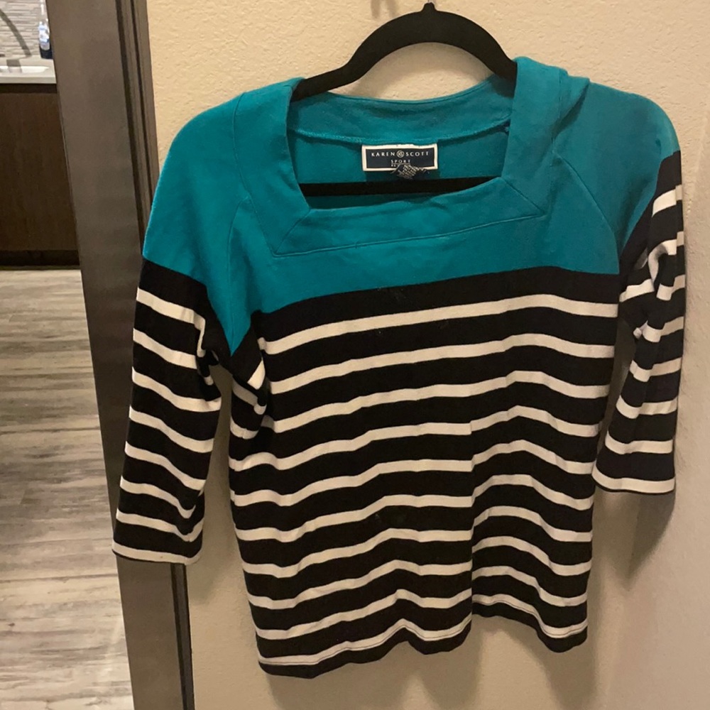 black and white striped 3/4 sleeve petite shirt